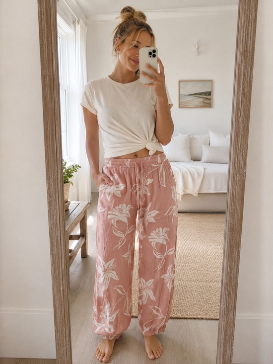 Angie Pants - Angie Boho Blush Floral Jogger Pants | Tropical Print Lounge Pants | Beach Vacay